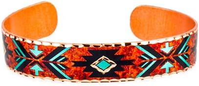 FRONT LINE JEWELRY Native American Copper Bracelets Feature Maroon & Turquoise Color Native Tribal Pattern Design Flame Painted Vintage Style Arrow Cuff Bracelets