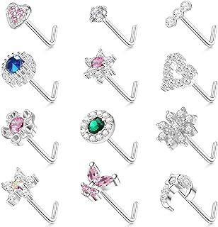 JeryWe 12Pcs Nose Studs 20g Nose Stud L Shaped Diamond CZ Nose Rings Stud for Women Surgical Steel Nose Rings Nose Screw Nose Piercing Stud Butterfly Heart Flower Nostril Jewelry Silver Rose Gold