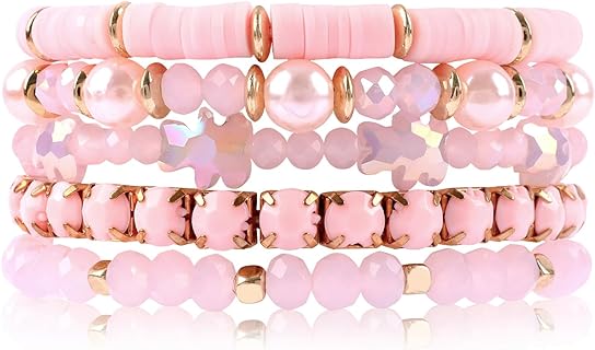 Pink White Preppy Bracelet Clay Beaded Bracelets, Boho Multi-Layer Beaded Crystal Bracelets, Bohemian Bracelet Set Friendship Jewelry for Women Girls
