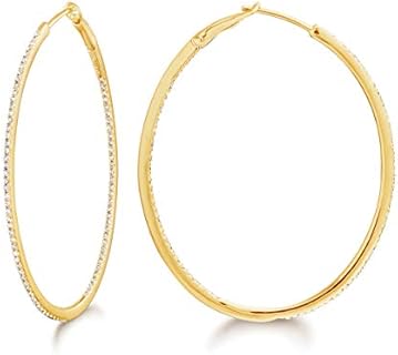 14K Gold Oval Hoop Earrings with Latch Back and Diamond Gem, Perfect for Women, Round/Oval Design