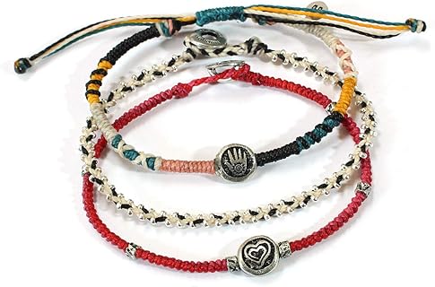 WAKAMI New World Handmade Boho Friendship Bracelets Set of 3 | Braided Indie Bracelets for Women and Men | Handmade by Artisans, Waterproof Waxed Thread, Glass Beads, Sliding and Button Closure