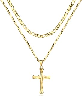 Stainless Steel Bamboo Cross Necklace for Men Women, Gold Silver Black Christian Crucifix Pendant Religious Jewelry Gift 18-30 Inches Chain