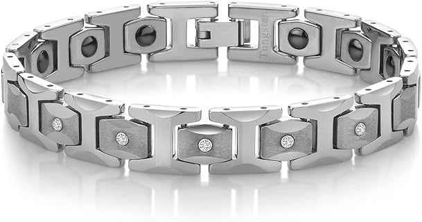 Gem Stone King Men’s Diamond Brush Finished Tungsten Link Bracelet with Shiny Polished Connector Links and 5 White Lab Grown Diamonds