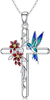 LONAGO Women's Sterling Silver Hummingbird Cross Pendant Necklace with Cubic Zirconia Accent and Lobster Clasp, Cable Chain Style
