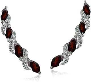 Garnet and Sterling Silver Crawler Hook Earrings for Women with French Wire Back, Climber Design, 28mm