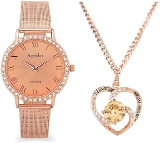 Gifts For Mom Engraved I Love You Mom Watch Necklace Set with Cubic Zirconia Stone