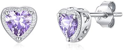 Birthstone Earrings Heart Studs, 925 Sterling Silver Birthstone Studs Cubic Zirconias Earrings, 12 Months Women Jewellery Gift For Her Wife Girls Mom Birthday Wedding Engagement Anniversary
