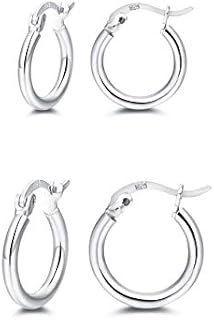 Small Hypoallergenic Silver Hoop Earrings for Women, Men and Girls, 925 Sterling Silver and 14K White Gold Plated, 15mm Huggie Earrings with Hinged Hoop Back Finding, 2 Pairs