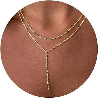 Lariat Gold Necklace for Women, Dainty Y Necklace 14K Gold Plated Pearl Diamond Necklaces Simple Jewelry for Women Gift