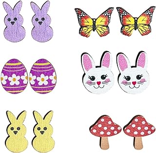Colorful Easter Rabbit Natural Wooden Stud Earrings Bunny Carrot Egg Mushroom Butterfly Bulk for Women Girls Lovely Handmade Jewelry