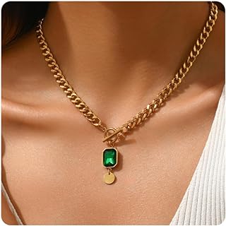 18K Gold-Plated Stainless Steel Toggle Clasp Chunky Cuban Chain with Emerald Pendant, Traditional Women's Choker Necklace - USA