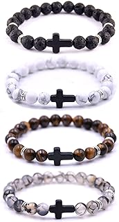4PCS Cross Beads Bracelet for Men Women 8mm Healing Lava Stone Stretch Bracelets,7.5" …