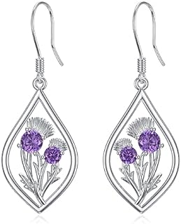 925 Sterling Silver Scottish Thistle Flower Dangle Earrings with Cubic Zirconia and French Wire Back for Women and Girls, Floral Drop Design