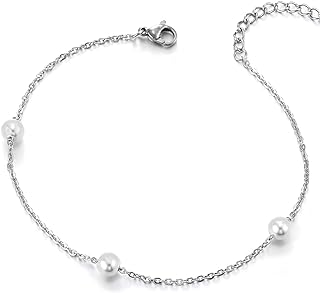 Charming Stainless Steel Link Chain Pearl Anklet with Lobster Claw Clasp, Adjustable Fit for Men and Women