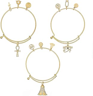 Madison Tyler Aaliyah 3pc Gold Plated Charm Expandable Bangle Bracelets | Pave Eye of Ra Ankh Symbols | Jewelry Gifts for Women