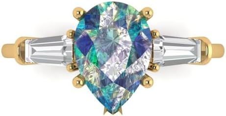 Clara Pucci 2.5 ct Pear Baguette cut 3 stone Solitaire Blue Moissanite Ideal Engagement Promise Anniversary Bridal Ring 18K Yellow Gold