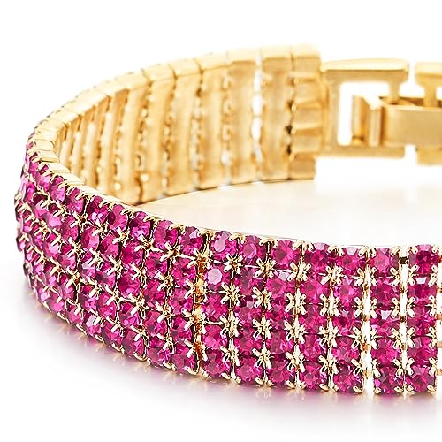 Sparkling Red Purple Crystal Rhinestones Cluster Wide Gold Color Bangle Bracelet for Womens