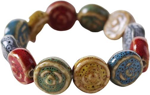Caiyao Vintage Colorful Ceramic Bead String Bracelets Handmade Ethnic Style Multi-shaped Round Heart Star Elastic Chain Bracelets for Women Girls Simple Jewelry