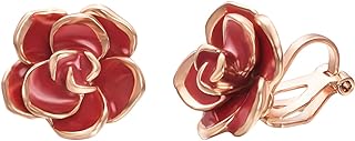Yoursfs Clip on Earrings for Women 18K Gold Plated Red Rose Flower Earrings for Non Pierced Enamel Ears Hypoallergenic Clipon Earring Fashion Jewelry