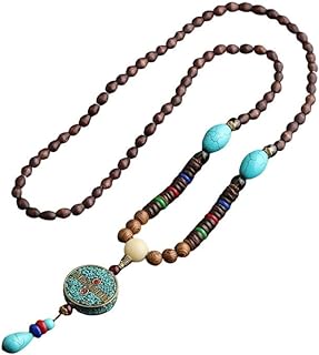 tenghong2021 Wooden Beaded Necklaces Vintage Handmade Nepal Mala Wood Beads Meditation Prayer Necklace Ethnic Long Statement Sweater Chain Necklace