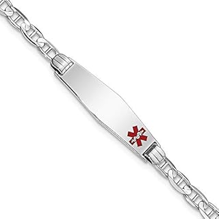 Jewels By Lux Engravable Personalized Custom 14K White Gold Medical Soft Diamond Shape Red Enamel Anchor Link ID Bracelet For Men or Women Length 7 inches Width 7.5 mm With Lobster Claw Clasp