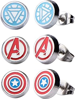 Push-Back Stainless Steel Clay Stud Earrings with Enamel Marvel Avenger Logo, Hypoallergenic, for Men and Women - Round Design
