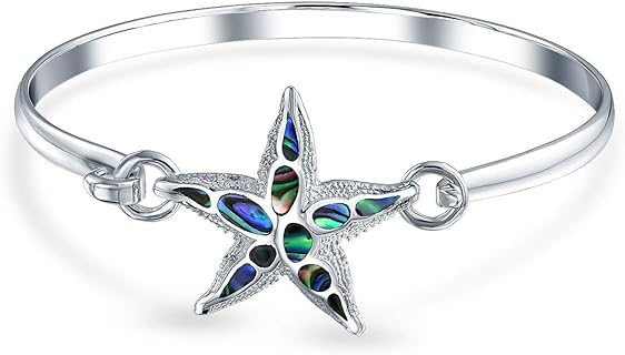 Abalone Inlaid Starfish Bangle with Mariner Chain and Easy Hook Clasp - .925 Sterling Silver, Beach-Inspired Bracelet for Women and Teens