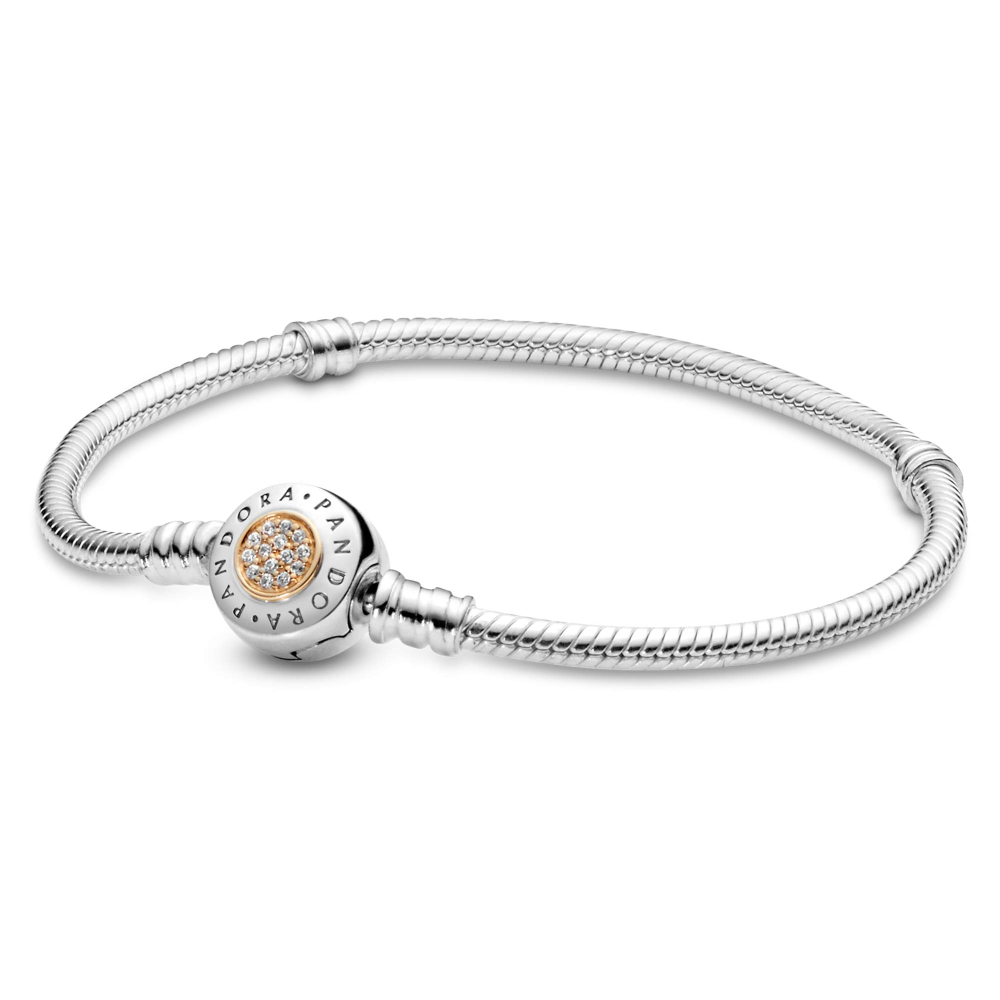 Pandora Moments Logo Clasp Snake Chain Bracelet - Silver Bracelet for Women - Gift for Her - Sterling Silver with 14k Yellow Gold & Cubic Zirconia - 7.9", With Gift Box
