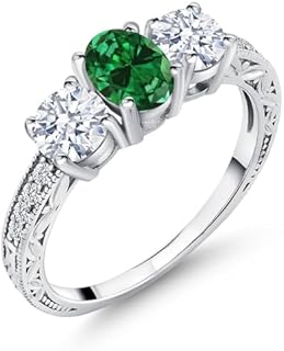 Gem Stone King 925 Sterling Silver Oval Green Simulated Emerald 3 Stone Ring | 2.22 Cttw | 3 Stone Wedding Engagement Anniversary Promise Ring For Women