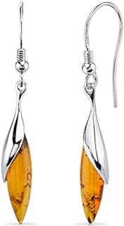 PEORA Genuine Baltic Amber Designer Drop Pendant Necklace and Earrings in Sterling Silver, Rich Cognac Color