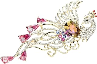 Gold-Plated Brass Peacock Brooch with Cubic-Zirconia Gems and Pin Clasp for Fashion-Forward Women, Phoenix Fire Bird Design