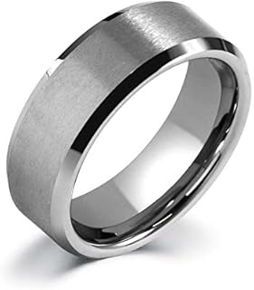 LerchPhi 8MM Mens Black Ring | Matt Silver Finished Tungsten Carbide Rings for Men | Silver Beveled Edge Size 6/7/8/9/10/11/12/13/14/15/16