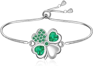 Women's Sterling Silver Shamrock Bracelet with Cubic Zirconia Clover Charm and Adjustable Clasp - Lucky Irish Four Leaf Clover Jewelry