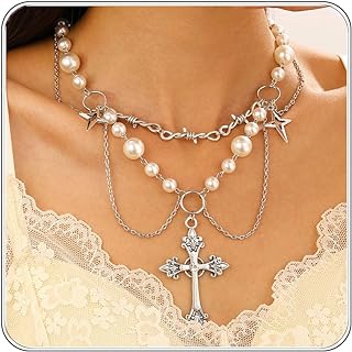 Cross Necklace Pearl Necklace for Women,Gothic Cross Pearl Pendant Necklace Cubic Zirconia Pearl Necklace Vintage Cross Necklace Bride Wedding Prom Dress Jewerly 2024
