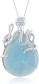 Beaux Bijoux Octopus Pear-Shaped Caribbean Natural Larimar Gemstone Sterling Silver 18’’ Pendant Necklace Jewelry for Women or Teens
