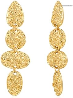 Long Hammered Gold Drop Earrings with French Wire Back Finding and Agate Gems for Women - Dangle Design