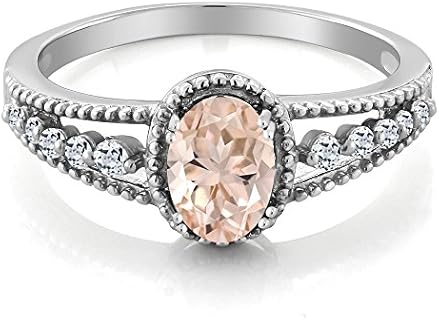 Gem Stone King 925 Sterling Silver Peach Morganite and White Topaz Engagement Ring For Women (0.86 Cttw, Oval 7X5MM, Available In Size 5, 6, 7, 8, 9)