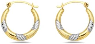 PORI JEWELERS 10K Gold Two Tone Lined Diamond Cut French Lock Hoop Earrings - 2mm x 15mm - Jewelry for Women/Girls - Small Hoop Earrings