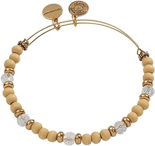Slide Clasp Bead Chain Alex and Ani Wooden Charm Bracelet with Shiny Gold Brass for Unisex, Brown - Crystal Beaded Design - USA Origin