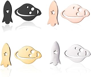 Dreuyet Stainless Steel Asymmetry Space Rocket Planet Stud Earring Set for Women Girls Minimalist Spacecraft Universe Gold Silver Black Plated Rocket Saturn Planet Earrings Tiny Cartilage Studs Unique Spaceship Gift,4 Pcs
