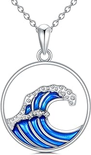 Ocean Wave Necklace 925 Sterling Silver Blue Sea Pendant Necklace Wave Jewelry Gift for Women Mother Lover Girlfriend Daughter Sister Mothers Day Gifts Surfer Beach Jewelry Gifts