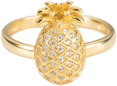 18K Gold Plated Sterling Silver Hawaiian Pineapple Design Wedding Band Ring with Cubic Zirconia for Women - Nickel-Free for Sensitive Skin