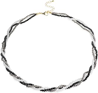 Black White Silver Gemstone Crystal Beaded Layered Choker Necklaces for Women Girls, Dainty Y2k Handmade Triple Stone Beads Chain Twisted Necklace Beach Summer Jewelry Gift.
