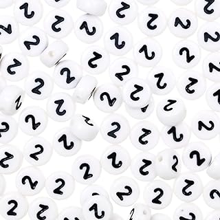 Yiizzxin 200pcs Round White Acrylic Number 2 Beads for DIY Bracelets, Necklaces and Key Chains, 4x7mm Unique Flat Design