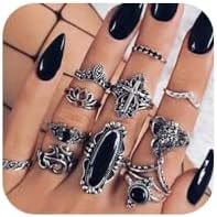 Bohemian Missgrace Stackable Vintage Silver Ring Set with Black Gemstone, Elephant & Cross Design, 12Pcs for Women