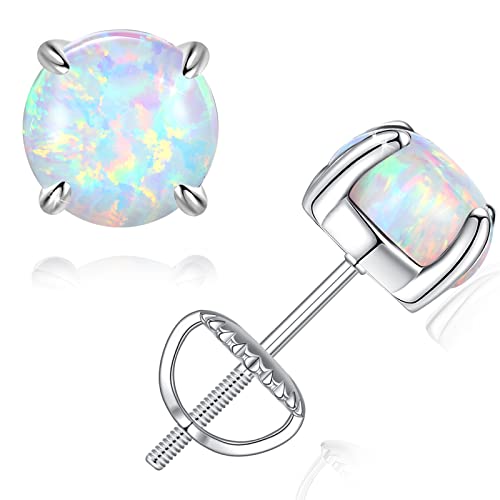 Hypoallergenic Earrings for Women: 925 Sterling Silver Rainbow Moonstone/Opal/Turquoise Screw Back Stud Earrings for Sensitive Ears Small Round Earrings Christmas Mother Day Jewelry Gifts (5mm/7mm)