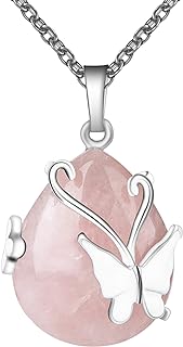 Bivei Vintage Wire Wrap Butterfly Gemstone Rose Quartz Amethyst Opalite Healing Crystal Pendant Necklace