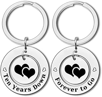 10-Year Wedding Anniversary Stainless Steel Keychain with Forever To Go Inscription for Couples, Unique Heart-shaped Design
