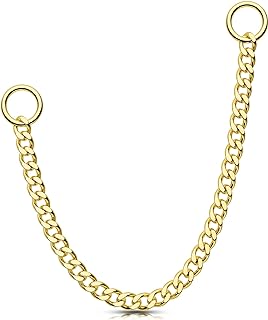 OUFER 14K Gold Double Stud Chain Earrings with Stainless Steel Back Finding for Women, Versatile for Ear, Nose and Nipple Piercings