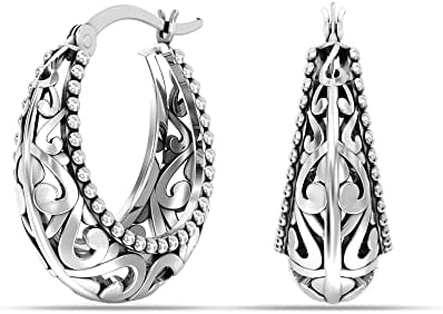 Charmsy 925 Sterling Silver Filigree Cut Click-Top Hoop Earrings for Women and Teens - Stylish and Lightweight Silver Jewelry